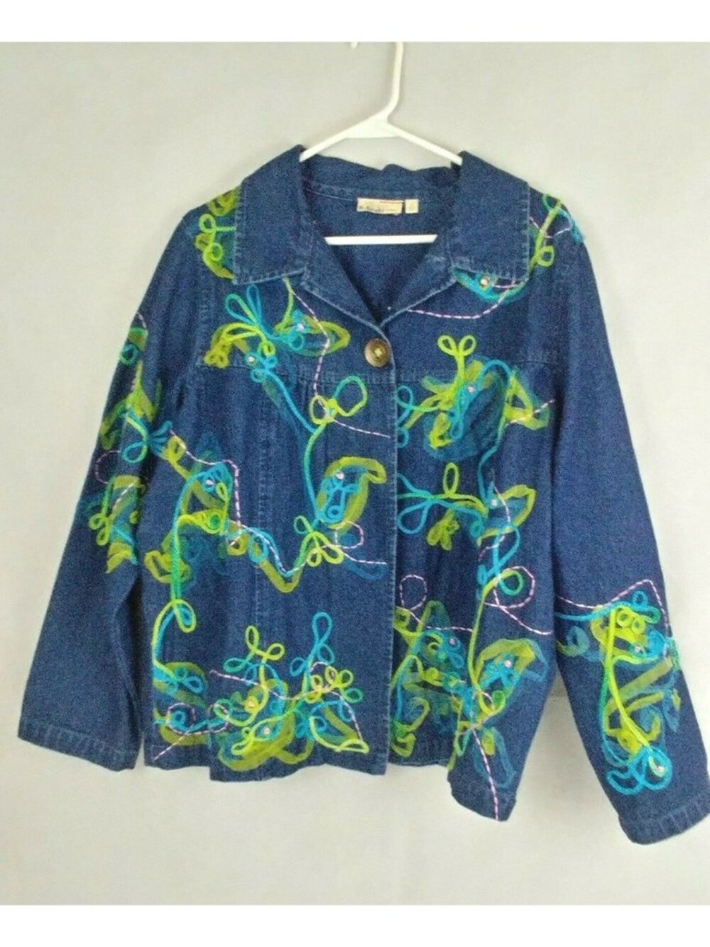 Women's Applique Jean Jacket By Choices Beaded Embellished Blue/Green/Pink Sz 1X